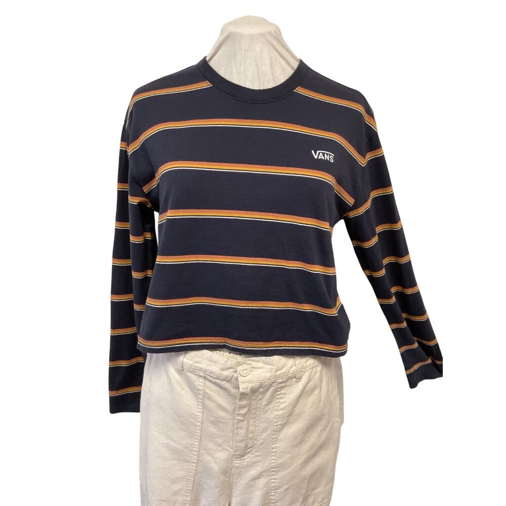 Vans Womens Cropped Long Sleeve Striped Tee Navy/Orange Size S